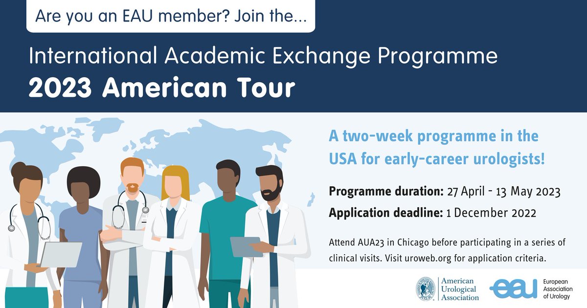 Two promising young urologists will have the opportunity to visit the United States for two weeks for an educational and cultural experience of a life time. 📅 Applications are open until 1 December 2022 👉 More info: uroweb.org/news/2023-amer… @eau_yuo @EAUYAUrology @ESRUrology