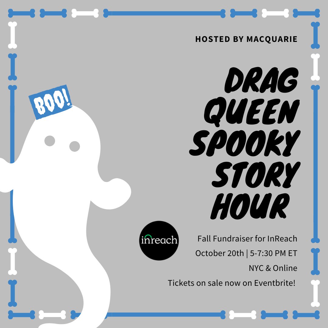 weareinreach's tweet photo. 📣 Don't miss Macquarie's Drag Queen Spooky Story Hour Fall Fundraiser for InReach on October 20th! Tickets on sale now (NYC and online) 🎟️: https://t.co/9h9M37NFRr

This event will feature Stories, Sweets, and Spooky Treats! Open to Macquarie employees AND external guests. https://t.co/D3oiompC5F