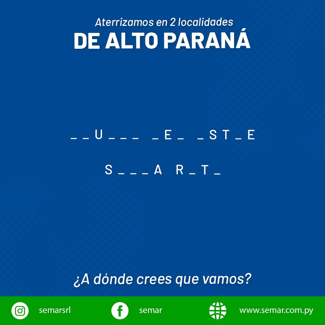 SemarPy's tweet photo. Adivina adivinador…..

¿A qué ciudades voy😱?

Te leemos ⬇️⬇️

➡️ Recordá que podés hacer tus compras desde la web: https://t.co/eGPVI2peFd 

📱 O a través del whatsApp +59521-238-4 116
.
.
. 
#SEMAR #Adivinar #Aterrizar #Localidades #Ciuda https://t.co/1Ipkra22ae