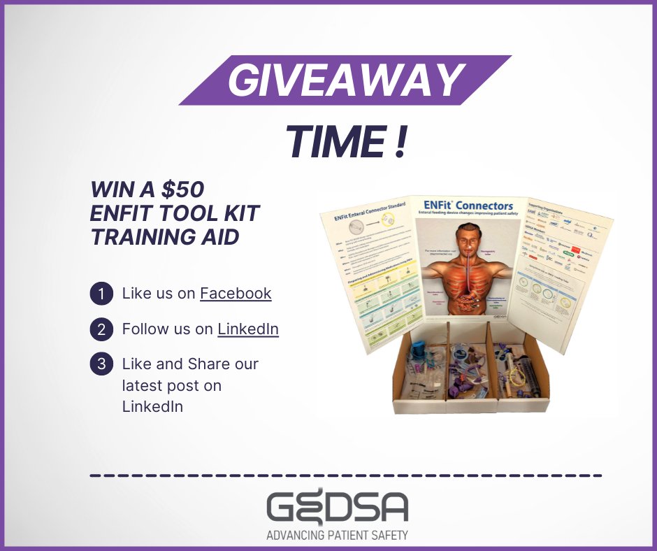 GEDSA_org's tweet photo. Win a $50 ENFit Tool Kit Training Aid!
To enter to win:
1. Like us on Facebook
2. Follow Us on LinkedIn
3. Like and Share our Latest Post on LinkedIn
View the Linked Giveaway PDF on our Website: https://t.co/fLxQ6K93hG
#ENFit #Giveaway #ToolKit #Enteral #GEDSA https://t.co/Amfet0NBBV