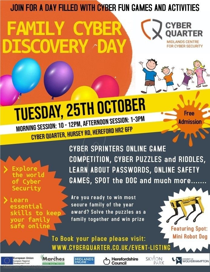 HfdsCouncil's tweet image. Half term FREE family fun at the Cyber Quarter! 

Join in for a day filled with Cyber fun games &amp;amp; activities. On Tuesday 25 October. Older children will explore the world of Cyber Security &amp;amp; younger ones can learn about basic internet safety. 

Register:
orlo.uk/QL8yo