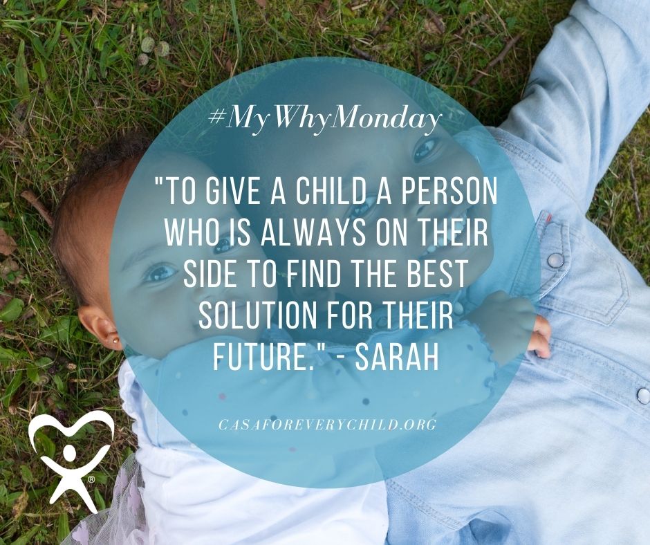 CASAMcLennan's tweet photo. "To give a child a person who is always on their side to find the best solution for their future." -Sarah

What is YOUR "My Why"? #MyWhyMonday #BecomeACASA https://t.co/aloWK950QB https://t.co/w1Ep9B7OnP