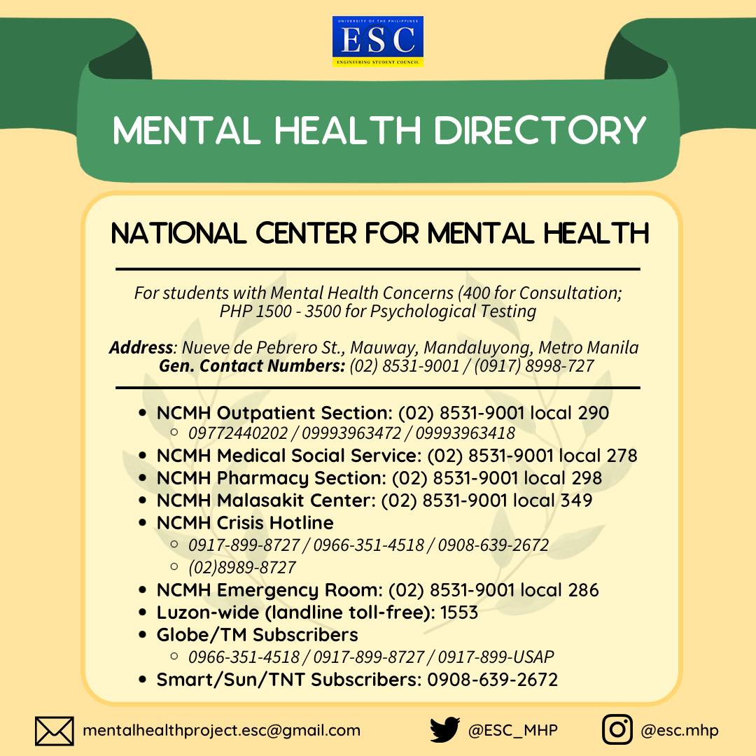 [MENTAL HEALTH SERVICES DIRECTORY]

A healthy mind starts when you mind your health!

The Engineering Student Council’s Mental Health Project would like to keep our fellow students aware and up to date with mental health services.

Read more: facebook.com/ESC.MentalHeal…