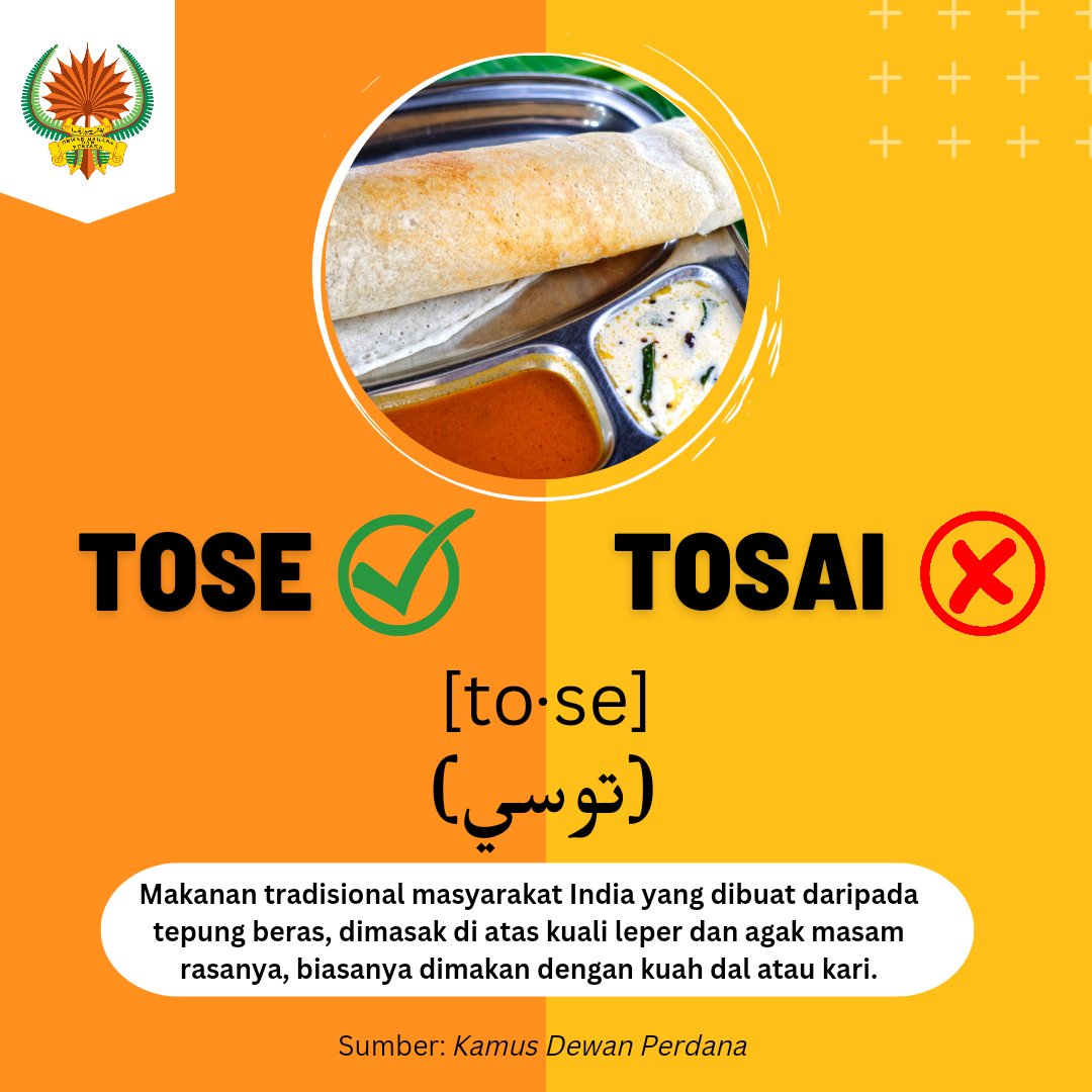 NewsBFM's tweet photo. 1. Dewan Bahasa dan Pustaka has drawn flak from online users over a social media post on how to correctly spell thosai in Bahasa Melayu.

In a Twitter post, DBP said "tose" was the correct spelling for the traditional Indian dish in the Malay language, instead of "tosai". https://t.co/w6Prh5ETeY