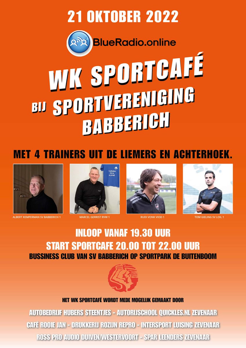 Komende vrijdag organiseert SV Babberich een sportcafé op sportpark De Buitenboom waarbij de trainers van <a href="/VIODDoetinchem/">VIOD Doetinchem</a> <a href="/Loilvoetbal/">SV Loil</a>  en RVW uit Heelsum worden geïnterviewd. Natuurlijk is onze eigen Albert Kemperman er ook bij. U bent van harte welkom.