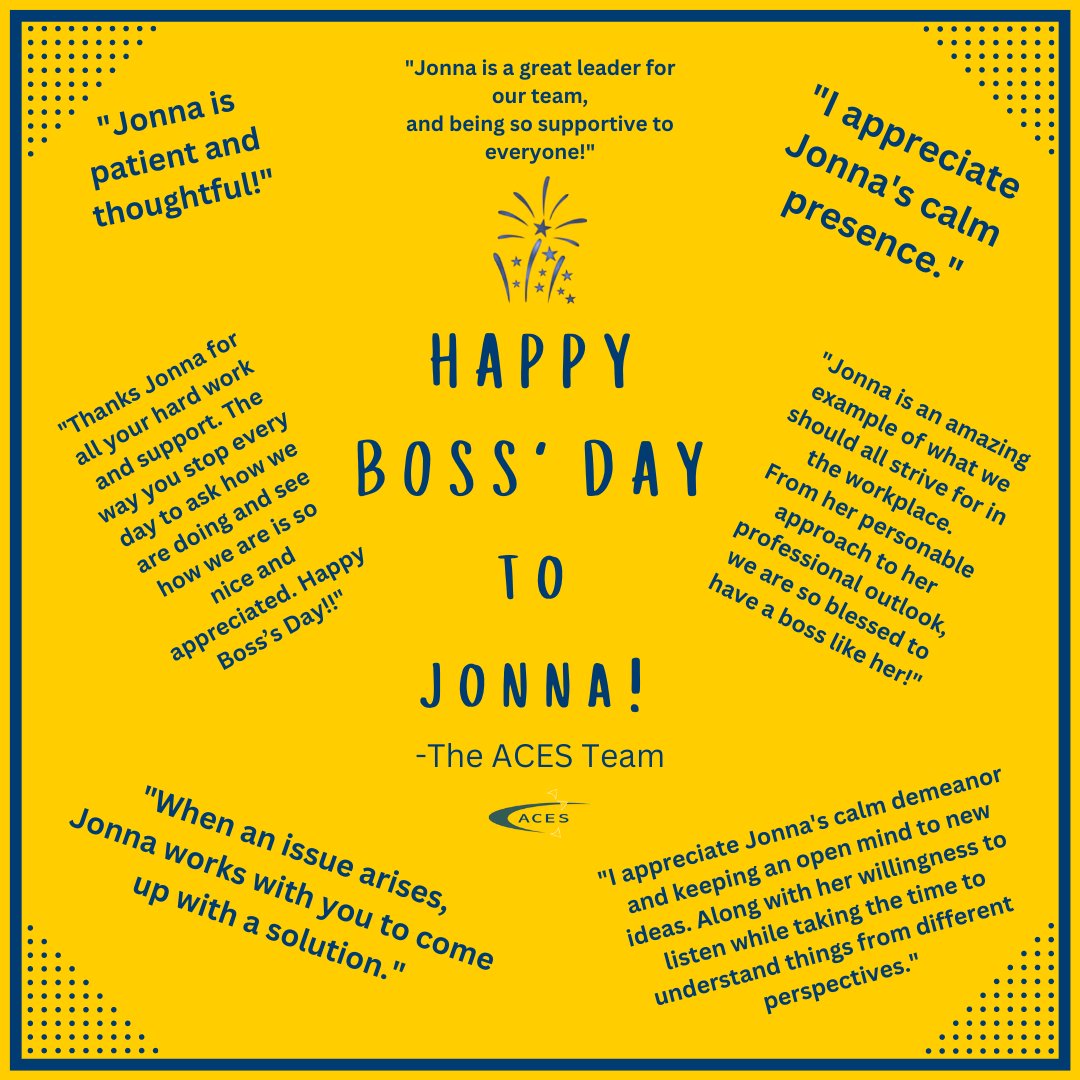 ACESAlfred's tweet image. Happy Boss' Day to Jonna!
Take a moment to read what some of the staff has to say!
A team is only as good as their leader, and our Team Leader is a shining example of what we should all strive to be!
From all of us at ACES Alfred, we hope you have a GREAT Boss' Day, Jonna!