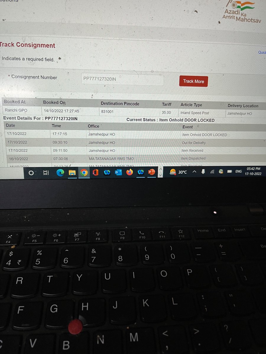 KallolMahato's tweet photo. My consignment number PP777127320IN is showing on hold door locked..I was full day home waiting for the courier but why this update has been done.Why there isn't postman's number been sent nor any call was done.Why such update?   @IndiaPostOffice https://t.co/VmSOH4ktmN