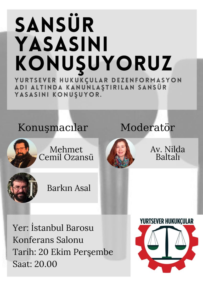 🔈Dezenformasyon Adı Altında Kanunlaştırılan Sansür Yasasını Konuşuyoruz

📍İstiklal Caddesi, Orhan Adli Apaydın Sokak, Beyoğlu/İSTANBUL
📆 20 Ekim Perşembe
🕒 20.00

<a href="/ozansue/">Mehmet Cemil Ozansü</a> #barkinasal