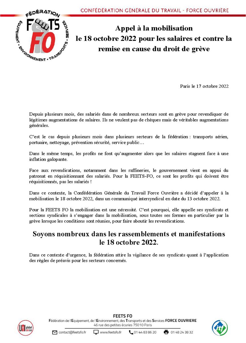 FeetsFO's tweet image. Appel à la mobilisation le 18 octobre 2022 pour les salaires et contre la remise en cause du droit de grève
Lien vers le communiqué : admin.feetsfo.fr/storage/docume…