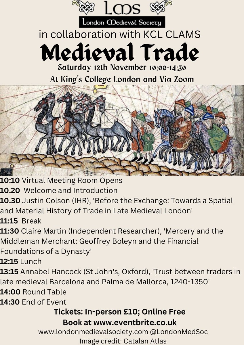 Did you know that our colloquia restart next month? We'll be joined by @dr_j_r_c, Claire Martin, and <a href="/annabel_hancock/">Annabel Hancock</a> to discuss Medieval Trade? Join us at <a href="/clamskcl/">Centre for Late Antique & Medieval Studies (CLAMS)</a> on Sat 12th Nov 

In-person tickets: bit.ly/3TK0QQX (£10)
Online tickets: bit.ly/3S7aL1u (FREE)