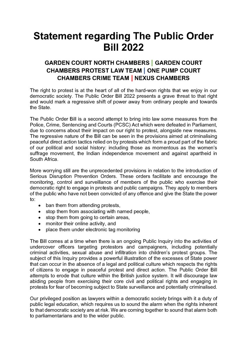 gcnchambers's tweet image. 1/4
Garden Court North is coming together with other leading human rights chambers to highlight the exceptional threat to freedom of expression posed by The Public Order Bill 2022. This Bill threatens rights inherent to our democratic society, as this statement explains.