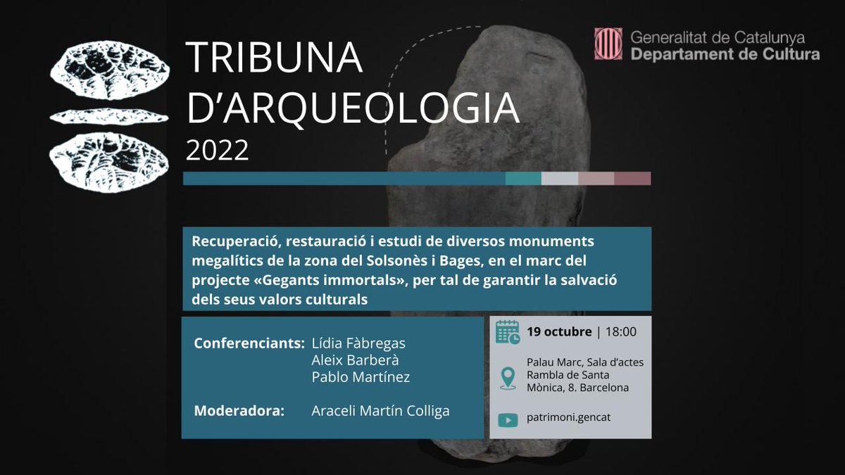 patrimonigencat's tweet photo. 🧠 Et recordem que aquest dimecres 19 d'octubre a les 18 h. tindrà lloc una nova conferència dins del cicle de la Tribuna d'Arqueologia 2022. 👇Obrim fil!
#tribunaArqueologia https://t.co/PUfMCvZ5Ok