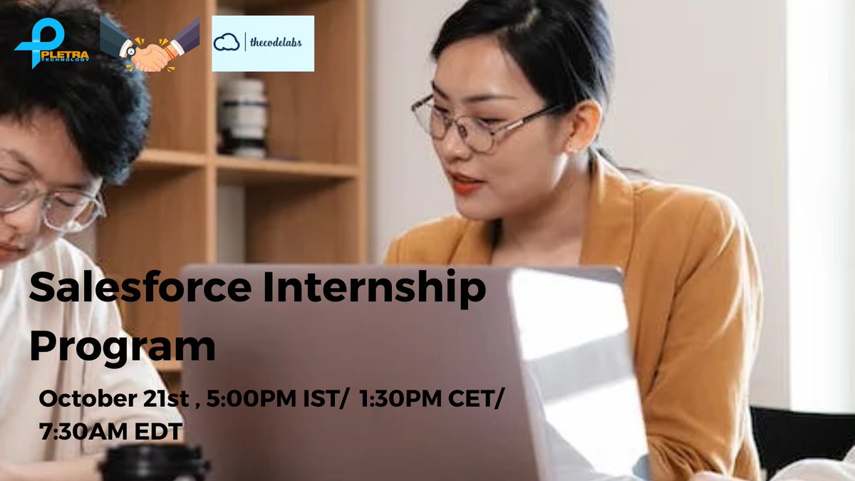 Pletratech1's tweet image. PletraTech proud to collaborate with theCodeLabs to launch an internship program for energetic and talented candidates (2020 pass out onwards Candidates) in partnership with theCodeLabs.

Register here to attend this session bit.ly/3dPk8Vw

#pletra #sfdctraining