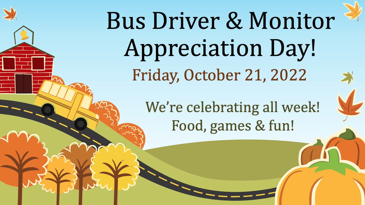 D103schoolbus's tweet photo. Bus Driver & Monitor Appreciation Day is this Friday! October 21, 2022. We're celebrating all week with food, games, and fun!
If you see our buses on the road, be sure to wave, "hello!" 👋
#engage103 #schoolbus #schoolbusdriver #busmonitor https://t.co/e8FSb4WbwU