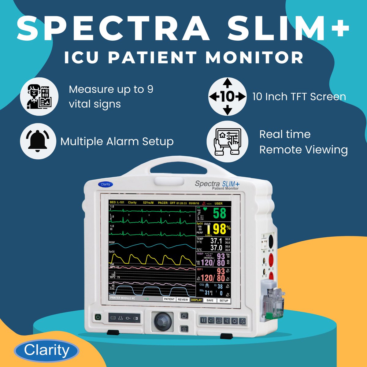 claritymedical's tweet photo. Spectra Slim+ vital sign monitor is able to measure up to 7 distinct parameters: SpO2 , ECG/EKG, Respiratory rate, NiBP, IBP, EtCO2 & Temp.
Visit: https://t.co/IsbfJn0baA
#patientmonitor #spectraslimplus #vitalmonitors #ICU #OT #OR #hospital #ECGmonitor #EKG #SpO2 #BP #Clarity https://t.co/Vkyn1lbOzd