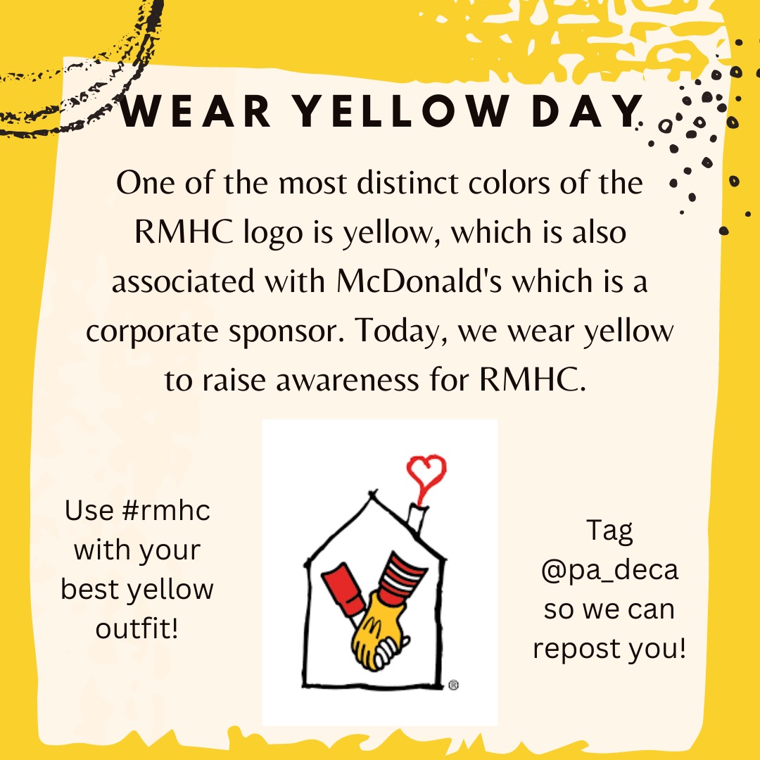 Pennsylvania DECA (@padeca) on Twitter photo Charity week day 1! Post a picture wearing yellow—the iconic color of RMHC’s founding mission partner, McDonald’s. Don’t forget to #rmhcharities and tag <a href="/pa_deca/">Pam Decaire</a>! Charity week day 1! Post a picture wearing yellow—the iconic color of RMHC’s founding mission partner, McDonald’s. Don’t forget to #rmhcharities and tag <a href="/pa_deca/">Pam Decaire</a>!