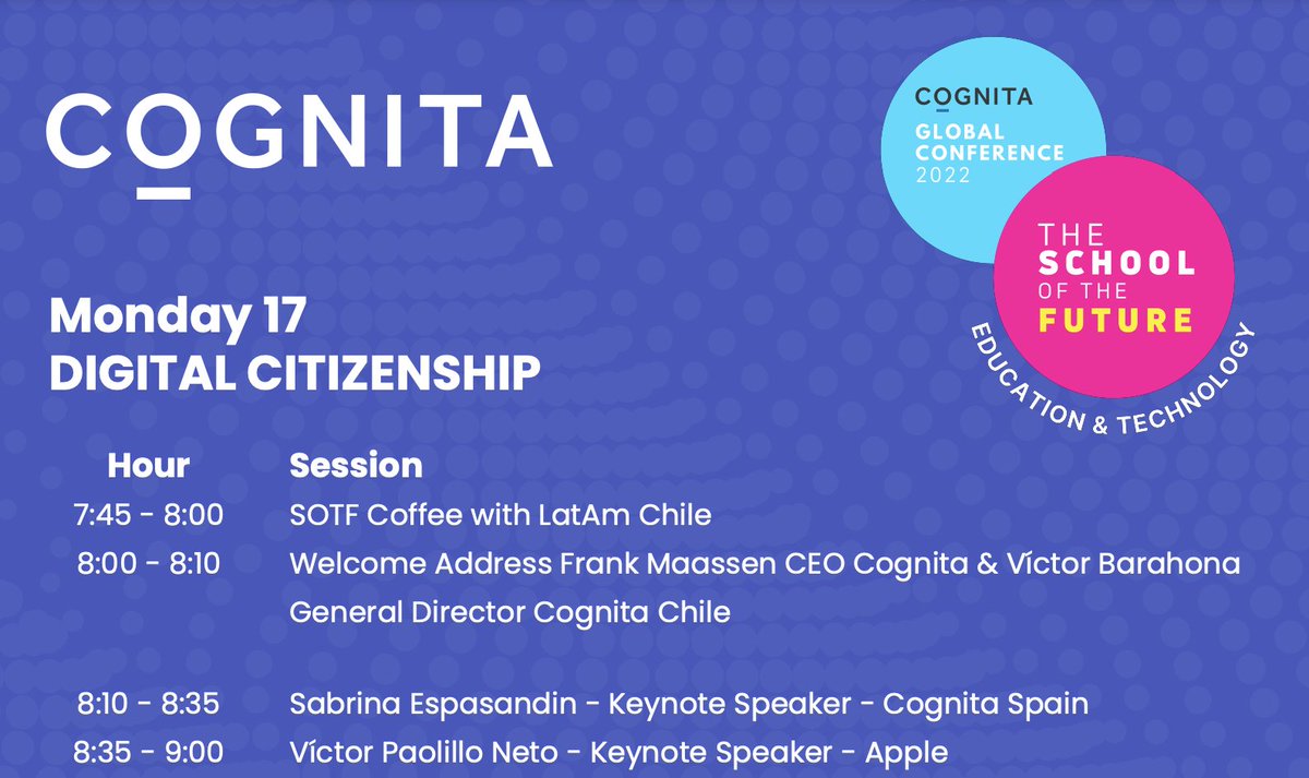 MrsAmadorScott's tweet photo. What a way to start celebrating the #2022 #DigitalCitizenshipWeek! Joining @CognitaSchools #Global #EdTech conference #SchoolOfTheFuture about #DigitalCitizenship #CognitaWay @CommonSenseEd #educator #ambassador Thanks @OrsonLester for this #professionaldevelopment opportunity! https://t.co/l5K78A8EC1