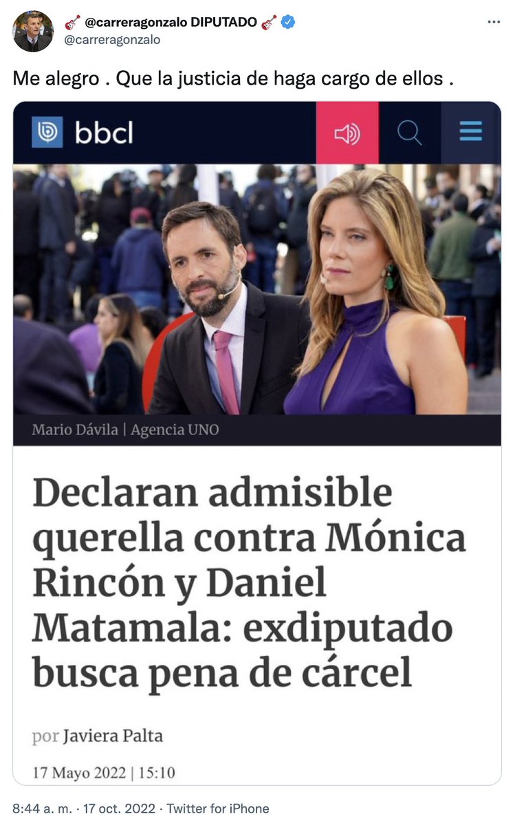 N_PrensaCL's tweet photo. 🔴 "Me alegro", diputado @carreragonzalo publica causa donde los animadores @DMatamala y @tv_monica ya fueron sobreseídos. https://t.co/A40KaWJEkZ
