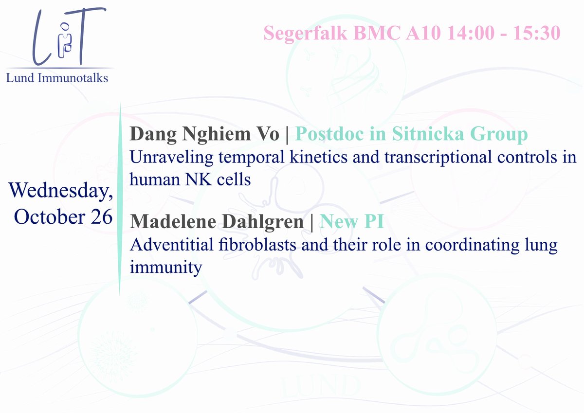 TheYuanLab's tweet photo. Dont miss the inaugural #LUImmunoTalks presented by @mwdahlgren and @nghiemdangvo next Wed at 14:00 in BMC Segerfalk. @medfak_LU @Lund_Stem @LuWcmm https://t.co/PUicSk7PtE