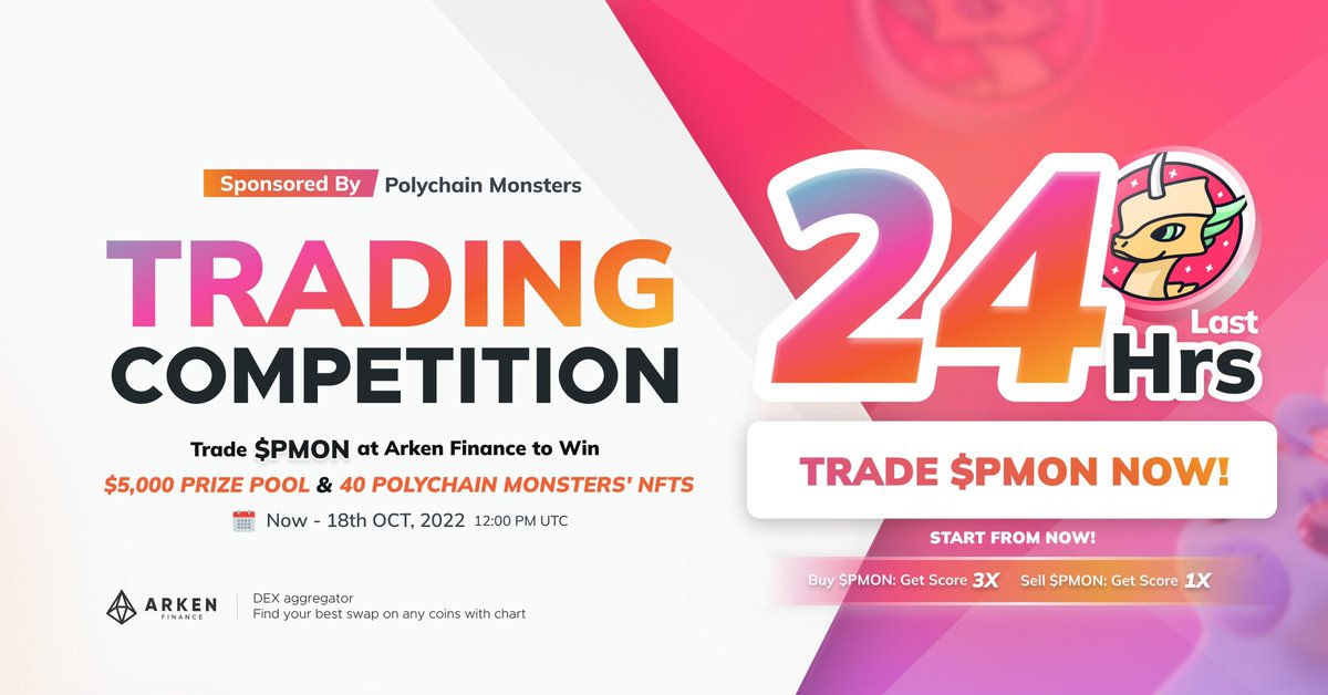 ⌛️ Only last 24 hrs to go for $PMON Trading Competition Sponsored By @polychainmon! 🏆🦄 Be TOP 40 traders to win $5,000 prize pool & Polymon NFTs 🪙 Trade $PMON Now⤵️ go.arken.finance/kewQ05 See Rules⤵️ blog.arken.finance/pmon-trading-c… Leaderboard🏅 go.arken.finance/pmon-trading