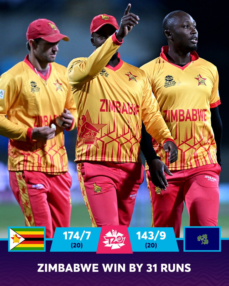 ICC's tweet photo. A solid performance from Zimbabwe 🥳

They start off their campaign with a win against Ireland in the Group B fixture 👏🏻

#ZIMvIRE | #T20WorldCup | 📝 https://t.co/AzCNiptOur https://t.co/UyrdR6wsO9