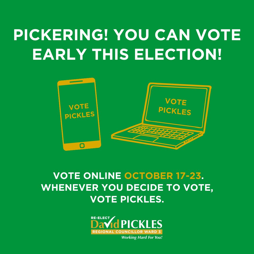 VotePickles's tweet photo. Pickering! You can vote early this election! Vote online today, October 17 through October 23. Whenever you decide to vote, Vote Pickles. 

🔗https://t.co/Eo4rbxyf6O  

#DavidPickles #picklesforpickering #regionalcouncillor #pickering #communityleader https://t.co/RCTebcFZVE