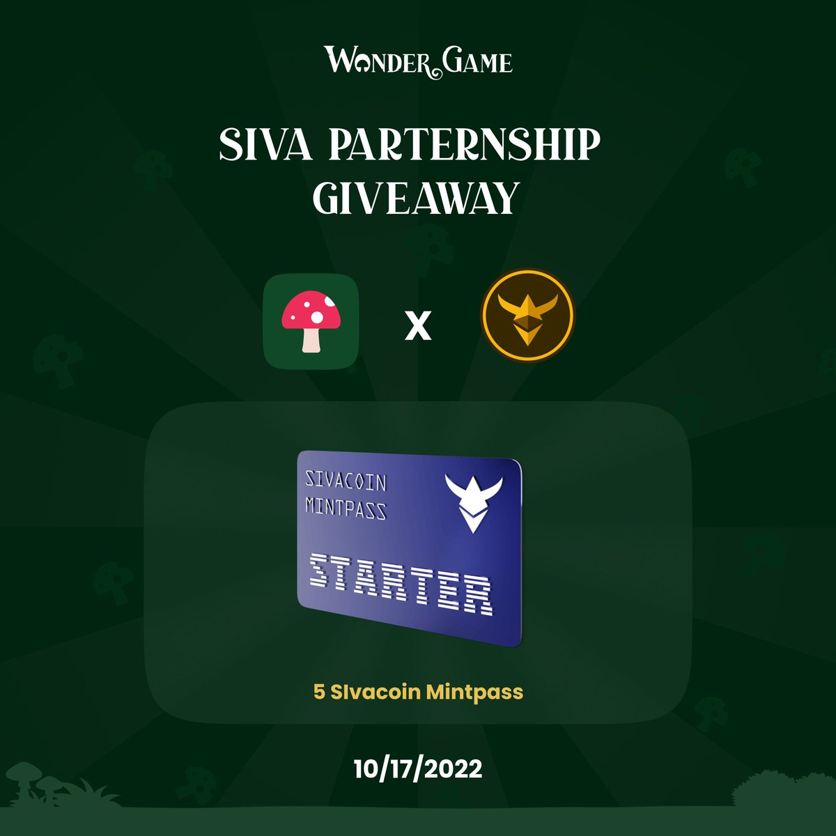 wonderdotgame's tweet photo. Greetings Wonderers🍄, 
We are excited to announce our partnership with @sivacoin 

To commemorate this partnership, we have a special giveaway of '5 Siva Starter Mintpass🎫' on our Discord server: https://t.co/JRDU9eAQcs

#WonderGame #giveaway https://t.co/iQGVqhQq17