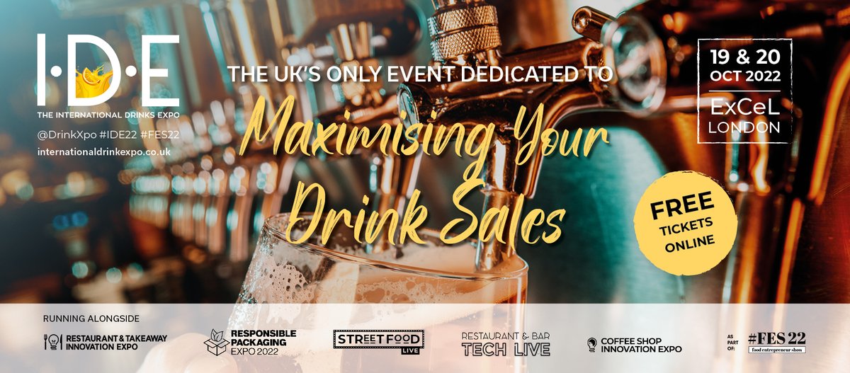 This week, 19&20 Oct, the @drinkxpo will be at the ExCeL London! 🥳A great opportunity to find out how to maximise your drink sales. FREE tickets are running low, so get yours bitly.ws/v9ja #FES22 #Drinks #IDE22. We are pleased to support this event for the 2nd year.