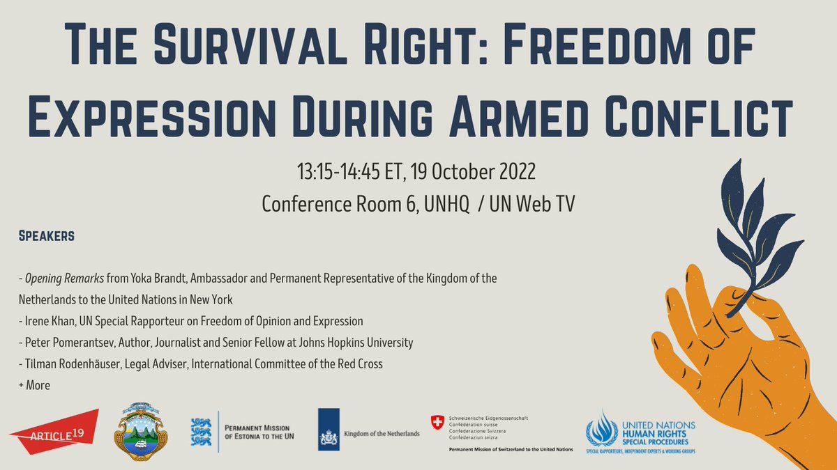 Join us on Wednesday for the event with <a href="/IreneKhan/">Irene Khan</a> and the Permanent Missions of 🇨🇷🇪🇪🇳🇱🇨🇭 to the #UN for a discussion on Disinformation and #FreedomOfExpression during armed conflicts. 

With <a href="/yokabrandt/">Yoka Brandt</a> <a href="/peterpomeranzev/">peter pomerantsev</a>  + more!

📅13:15 ET
🌐CR6 of UNHQ and UN Web TV