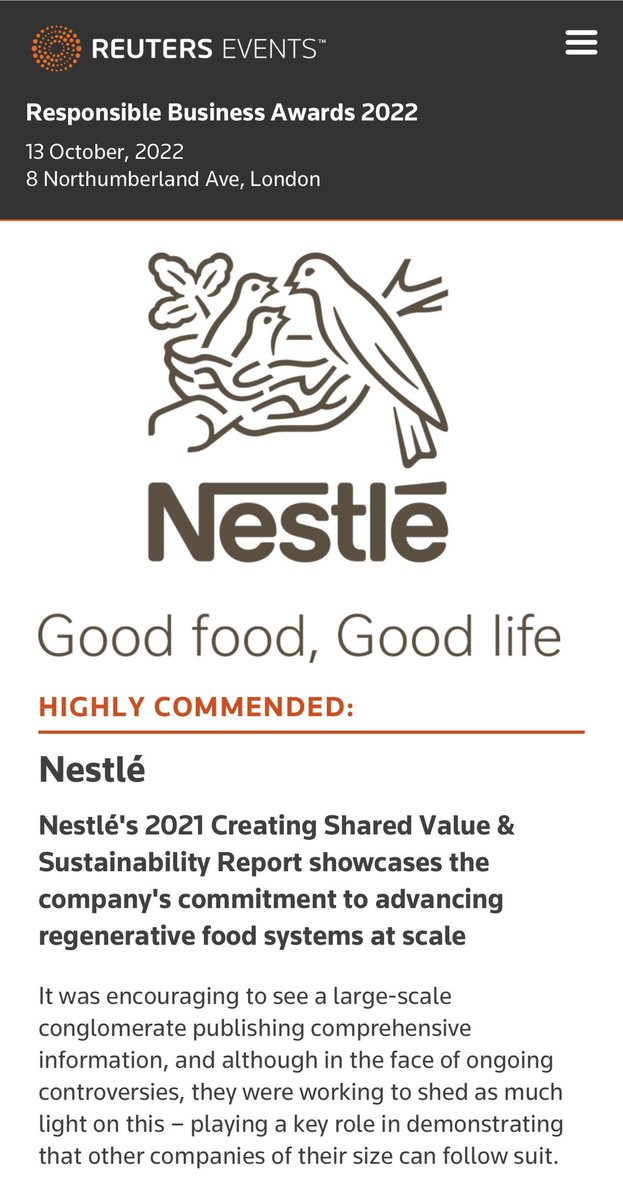 charlescannon__'s tweet photo. We are very proud to have picked up this recognition from @REvents_SustBiz for the work we did with Nestle last year. Congratulations to them and to our amazing #sustainability #reporting #team #createchange https://t.co/rYyUZP2ltw