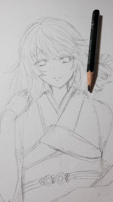 作業工程。線画とペン入れはこんな感じ。色塗りはまず全体に黄色をうっすら塗るのが好き(どの色とも喧嘩しないので)→髪の毛の影になる部分には気持ち濃いめに塗ったり→好きな色を塗る。赤系に青系の反対色入れるならそこが乾くまで待つ→適当に色を置いていく 