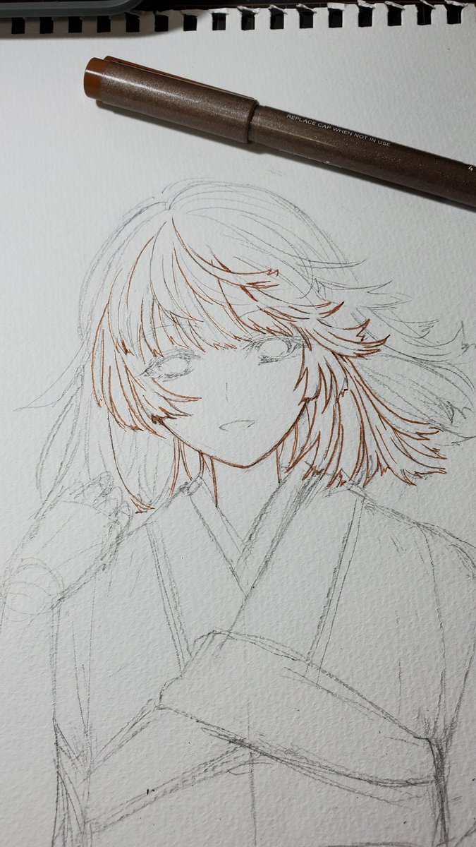 「作業工程。線画とペン入れはこんな感じ。色塗りはまず全体に黄色をうっすら塗るのが好」|ここなし⛩️新譜楽しみのイラスト