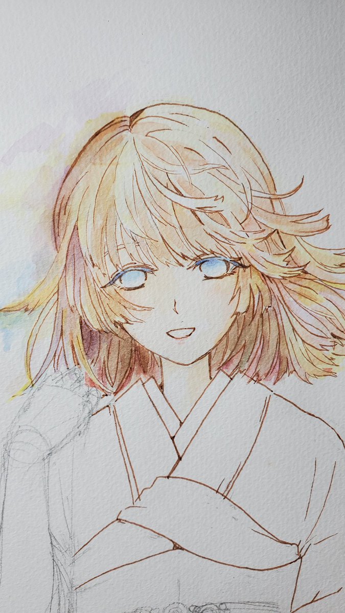 「作業工程。線画とペン入れはこんな感じ。色塗りはまず全体に黄色をうっすら塗るのが好」|ここなし⛩️新譜楽しみのイラスト