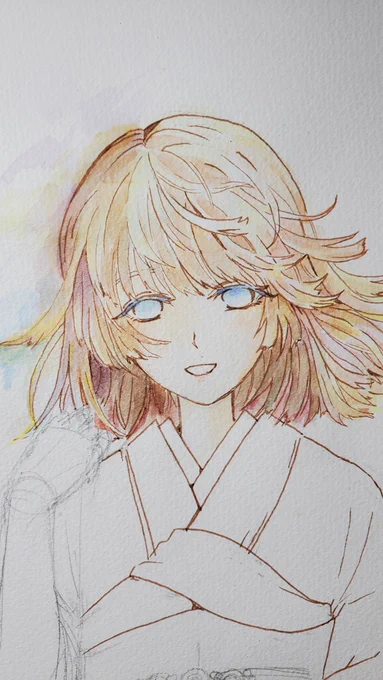 作業工程。線画とペン入れはこんな感じ。色塗りはまず全体に黄色をうっすら塗るのが好き(どの色とも喧嘩しないので)→髪の毛の影になる部分には気持ち濃いめに塗ったり→好きな色を塗る。赤系に青系の反対色入れるならそこが乾くまで待つ→適当に色を置いていく 