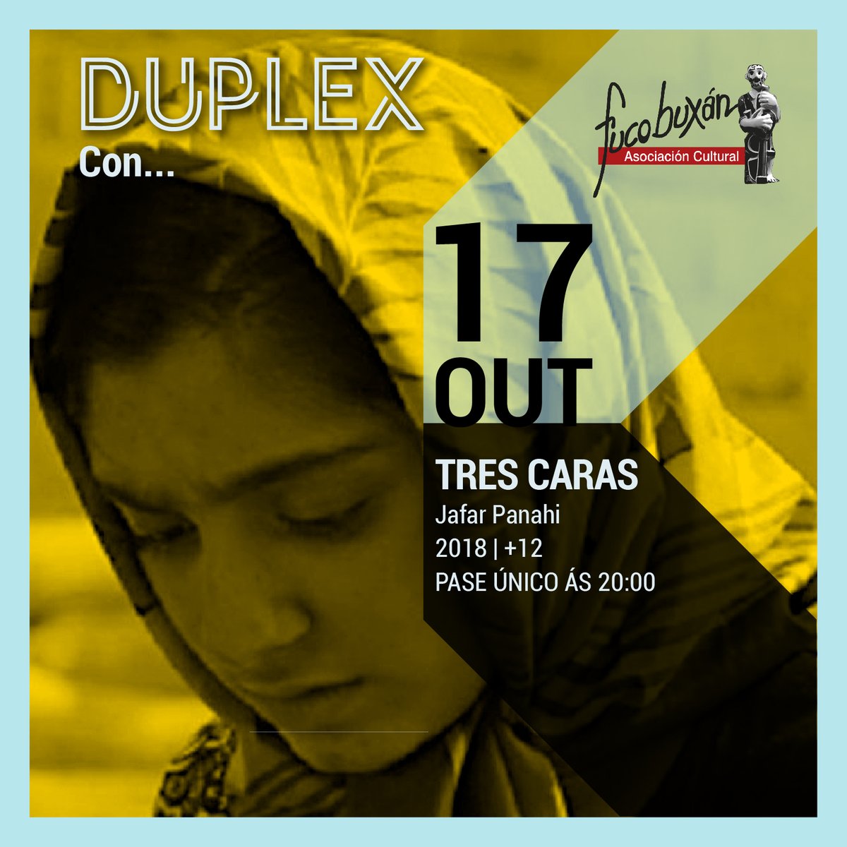 duplex_cinema's tweet photo. #DUPLEXcon Entradas á venta para o #PASEÚNICO de hoxe ás 20:00 TRES CARAS, de Jafar Panahi, en colaboración con @FucoBuxan
Unha rapariga iraniana fai unha chamada de auxilio a unha coñecida actriz, que acode na súa axuda xunto a Panahi. Para non perder!
https://t.co/RBXbux5Kyj https://t.co/OMOUNp4gUQ