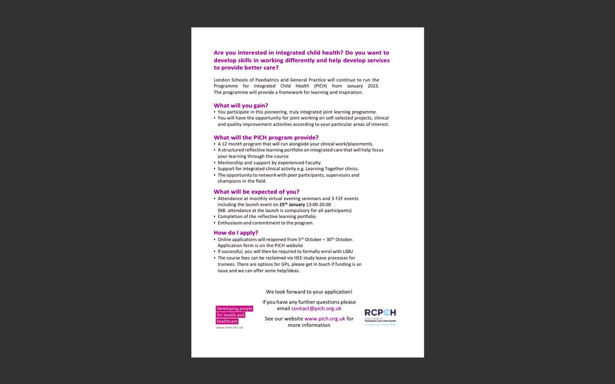LizzieWortley's tweet photo. @LondonPaeds @rcgp trainees &amp;first 5GPs
Do you want to work in a more joined up NHS?
Do you want to be a part of the solutions?
Do you want to be inspired by new approaches to healthcare for children and young people?

Then u need PICH - #IntegratedHealth

Application til 30 oct https://t.co/fCnmWMBgZP