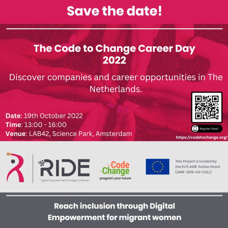 This Wednesday join the @codetochange Career Day 2022 at LAB42 UvA! 🚀 The aim is to connect ambitious #women, #students, #refugees, and #migrant women in the #Netherlands with #companies and organizations in the #tech sector. Register: bit.ly/3yLAd5X