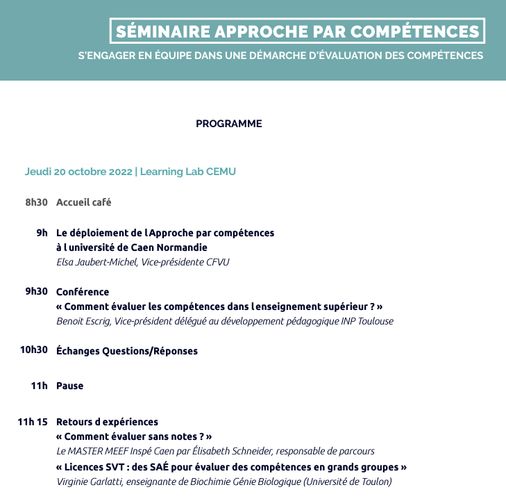 📢 Séminaire #ApprocheParCompétences : inscriptions ouvertes 
🗓️ jeudi 20 oct. dès 8h30
📍 campus 1 · Learning Lab #UNICAEN 
—
Format : conférence et retours d'expériences 
Ouvert à toute personne en charge d'enseignement
➡️ En présence ou en ligne : bit.ly/3Cxdv2k