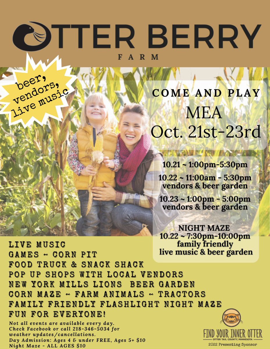 OtterBerryFarm's tweet photo. Is it the weekend yet?! π¬π
https://t.co/NyO7MqSNff
#cornmaze #findyourinnerotter #perham https://t.co/TGbB9tstyt