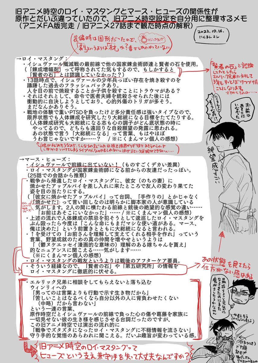 鋼の錬金術師旧アニメを27話まで見進めました!
これはロイ・マスタング周辺の感想とメモです
【所感まとめ】
・想定よりキてたロイ・マスタング
・ヒューズとロイ・マスタングの関係、「対等な戦友」というより「ケア要員と守られてる人」
・先行き不安すぎるスーパー愚直ゴマすり
・拷問弱腰キング