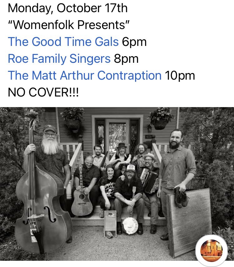 331club's tweet photo. Monday, October 17th
“Womenfolk Presents”
The Good Time Gals 6pm
Roe Family Singers 8pm
The Matt Arthur Contraption 10pm
NO COVER!!!
#331club #northeastminneapolis #northeastmpls #minneapolis #mpls #minnesota #mn #minneapolismusic https://t.co/yZewqMsHqT