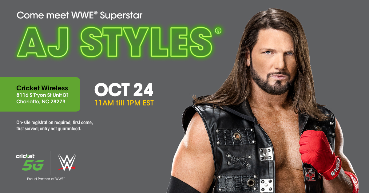 mr. phenomenal himself is headed to Charlotte, NC to meet YOU! 🤩 who guessed this one? we’ll see you and WWE Superstar <a href="/AJStylesOrg/">AJ Styles</a> there on 10/24…remember to get there early!