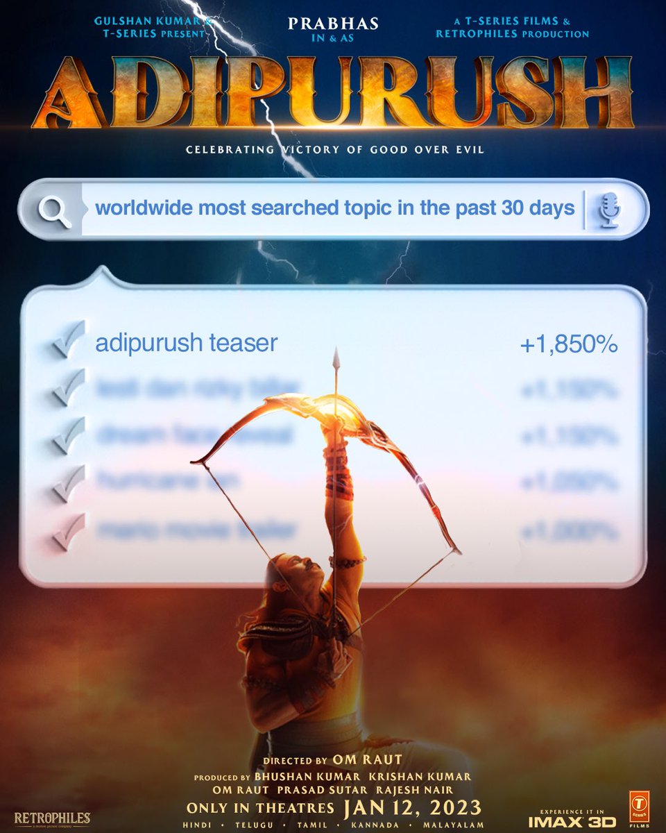 Offladipurush's tweet photo. Raising the bar and how! 🏹
#AdipurushTeaser

#Adipurush releases IN THEATRES on January 12, 2023 in IMAX &amp; 3D!

#Prabhas @omraut #SaifAliKhan @kritisanon @mesunnysingh #BhushanKumar #KrishanKumar @vfxwaala @rajeshnair06 #ShivChanana @TSeries @Retrophiles1 @UV_Creations https://t.co/Vq9mmViXlW