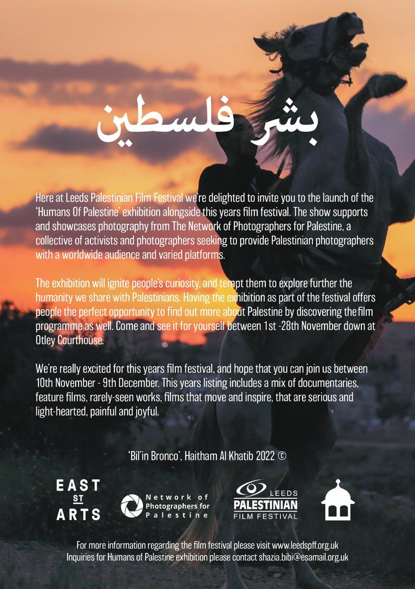 We are happy to announce a photography exhibition showcasing ‘The Network of Photographers for Palestine’ held by the Leeds Palestinian Film Festival, and supported by <a href="/EastStreetArts/">East Street Arts</a> &amp; <a href="/OtleyCourthouse/">Otley Courthouse</a>.

Please visit our website to learn more:
leedspff.org.uk/humans-of-pale…