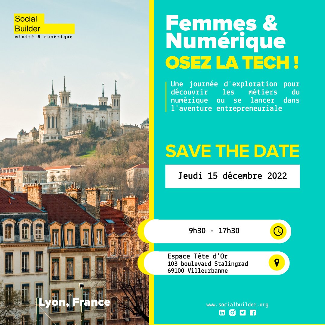 SocialBuilder's tweet photo. La nouvelle édition du Forum #FemmesEtNumérique : #OsezLaTech aura lieu le 15 décembre en région Auvergne-Rhône-Alpes !🙌

@SocialBuilder propose une journée d'exploration pour découvrir les métiers de la #tech et l'#entrepreneuriat. 

Pour s'inscrire👉 https://t.co/fmCx5FRW33 https://t.co/tkv2PIcaUM