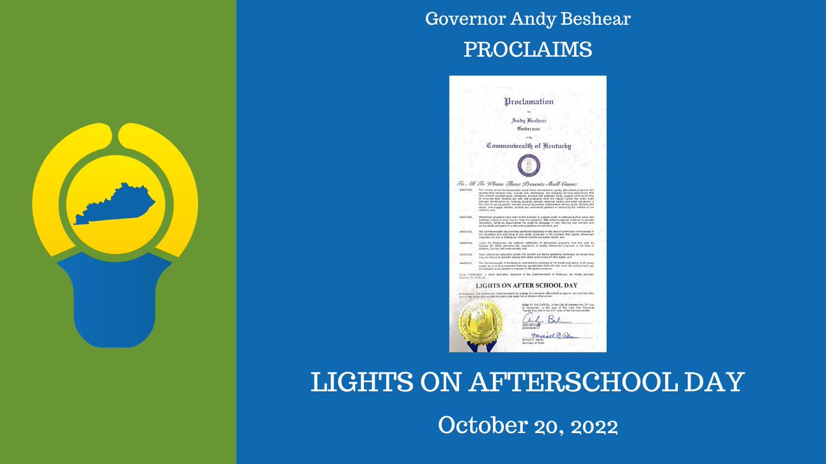 It's official! #LightsOnAfterschool Day is this Thursday, Oct. 20 thanks to @GovAndyBeshear! Help us shine a light on the impact afterschool is making by inspiring learning and supporting youth and families. Share your support and let everyone know that #AfterschoolWorksInKY!