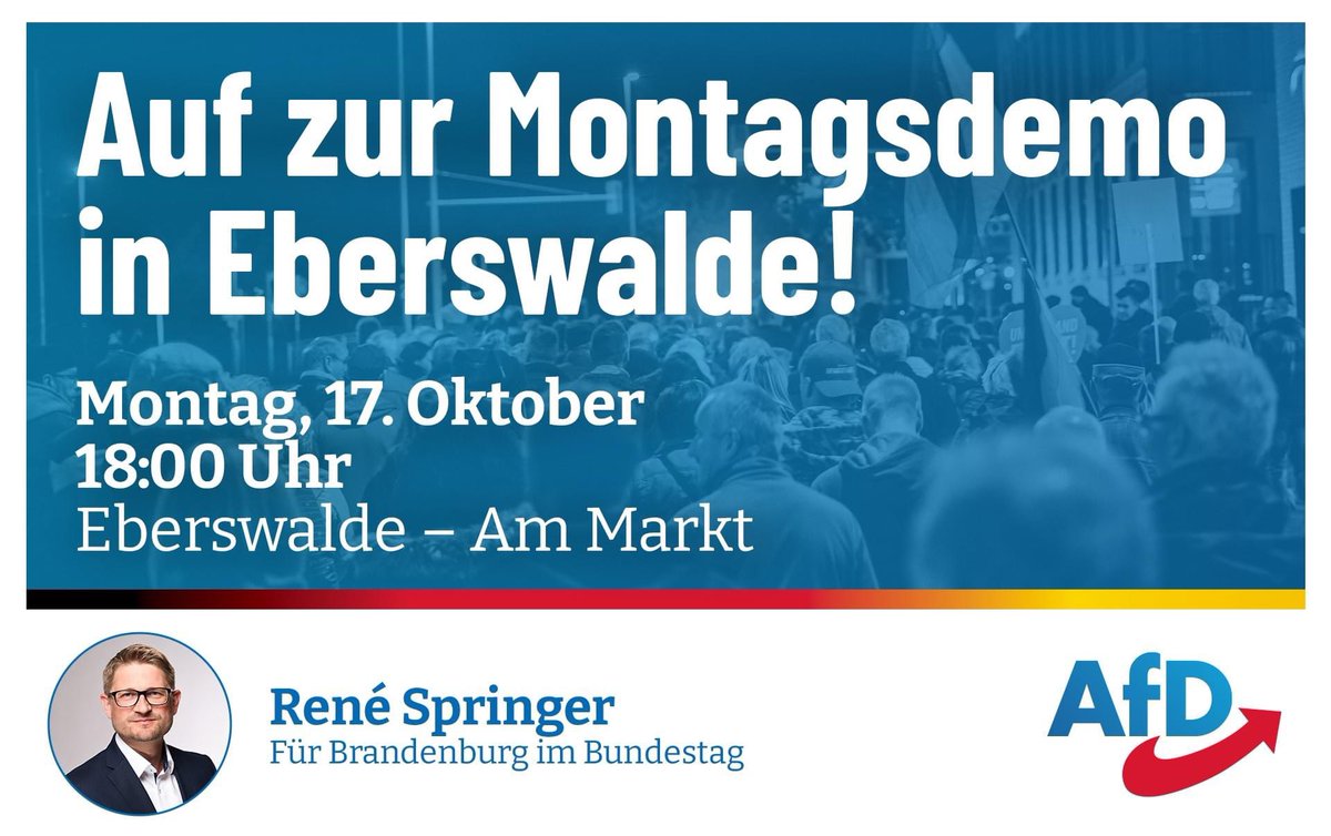 Auch in meiner Heimatstadt Eberswalde gehen die Menschen seit Monaten jede Woche auf die Straße! Für ein bezahlbares Leben. Gegen den Ausverkauf unseres Landes.

Seid dabei! Um 18:00 Uhr geht's los auf dem Marktplatz!