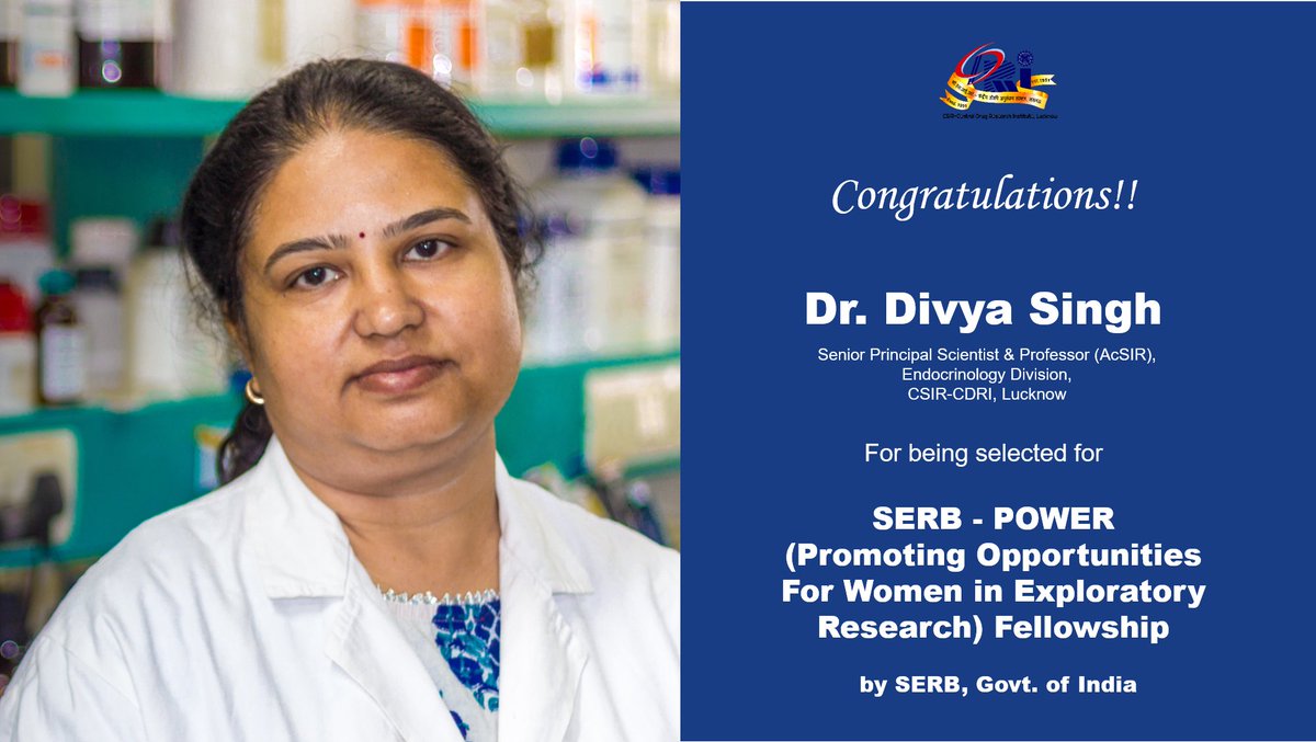 #Congratulations #DrDivyaSingh @Divya213 for being selected for #SERB_POWER (Promoting Opportunities For Women in Exploratory Research) #Fellowship by @serbonline, Govt. of India @CSIR_IND @IndiaDST @MoHFW_INDIA @VigyanPrasar @CSIR_NIScPR @DDNewslive @PIB_India