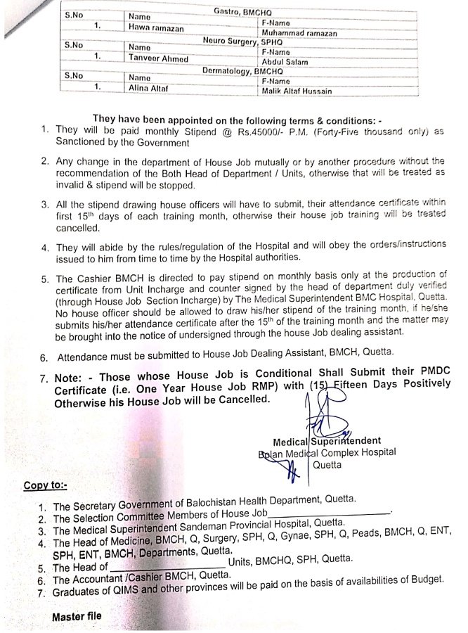 Notification of House officers appointed at SKBZ Al-Nahyan Medical Complex