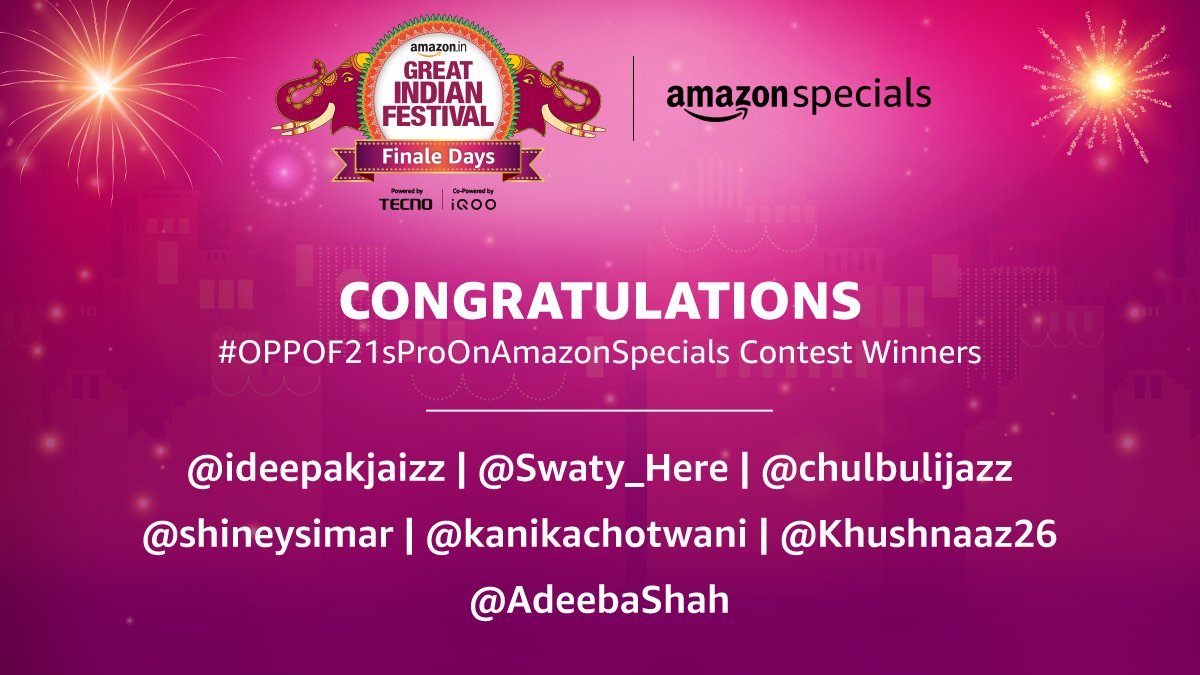 Congratulations to the winner of #OPPOF21sProOnAmazonSpecials contest.
Kindly DM us with your details to claim the prize.
<a href="/ideepakjaizz/">𝘿𝙚𝙚𝙥𝙖𝙠 𝙅𝙖𝙞𝙨</a> <a href="/Swaty_Here/">SwatKat</a> <a href="/chulbulijazz/">Jagriti</a> <a href="/shineysimar/">Simar</a> <a href="/kanikachotwani/">kanika chotwani</a>
<a href="/Khushnaaz26/">Khushnaaz</a> <a href="/AdeebaShah/">Adeeba 🦋</a>